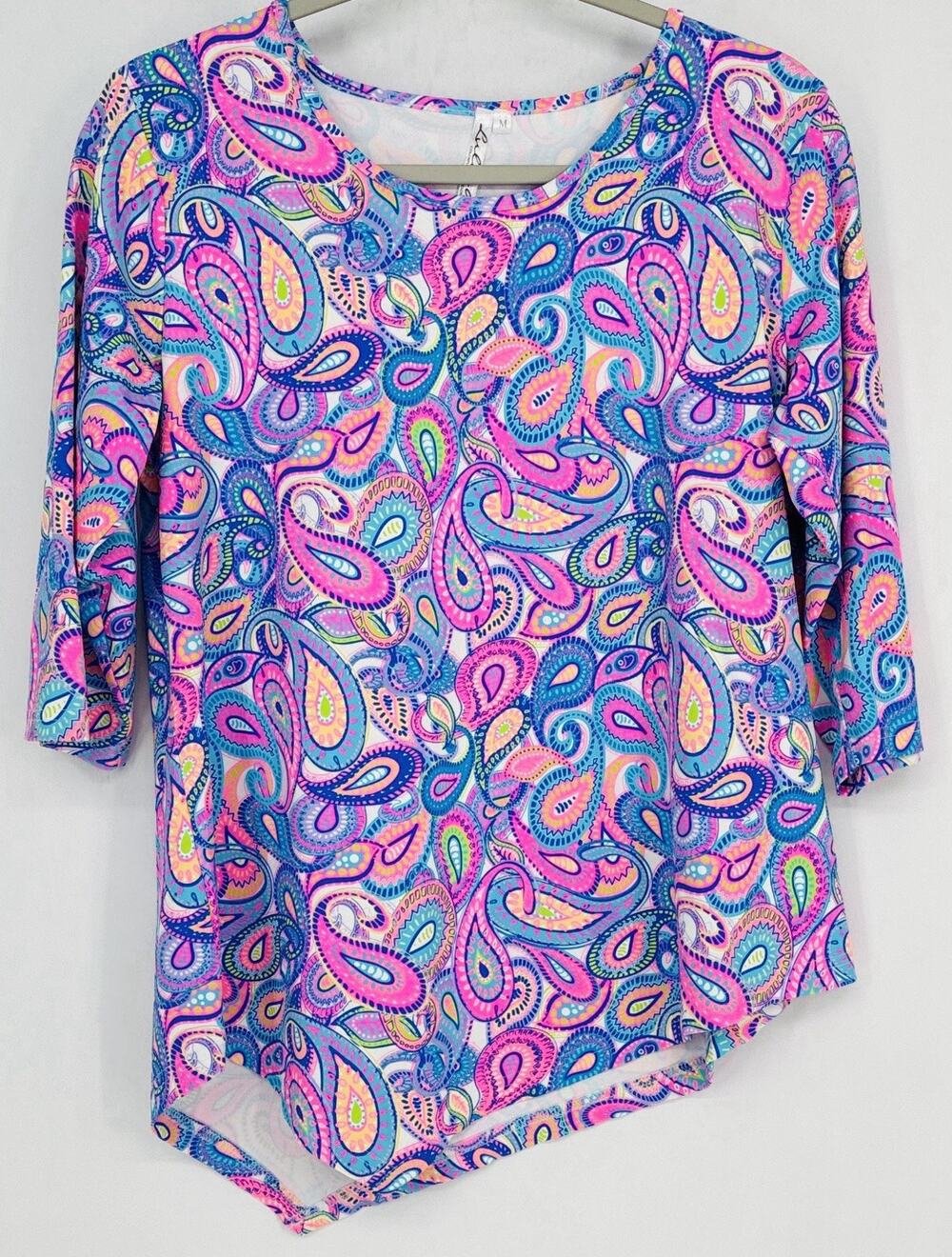 Lulu B Wm Med Paisley Stretch Tunic Top Pink Blue 3/4 Slv Asymmetical Cool Touch